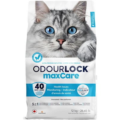 Odour Lock MaxCare ทรายแมวนวัตกรรมตรวจจับเลือดและน้ำตาลกลูโคสในปัสสาวะ (12kg)